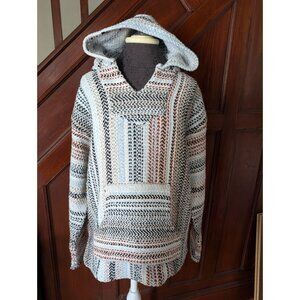 Striped Baja Hoodie Poncho XL Unisex Woven Pullover Front Pocket Made in Mexico